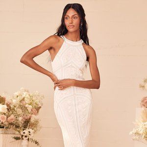 Tell Me Everything White Beaded Sequin Halter Maxi Dress